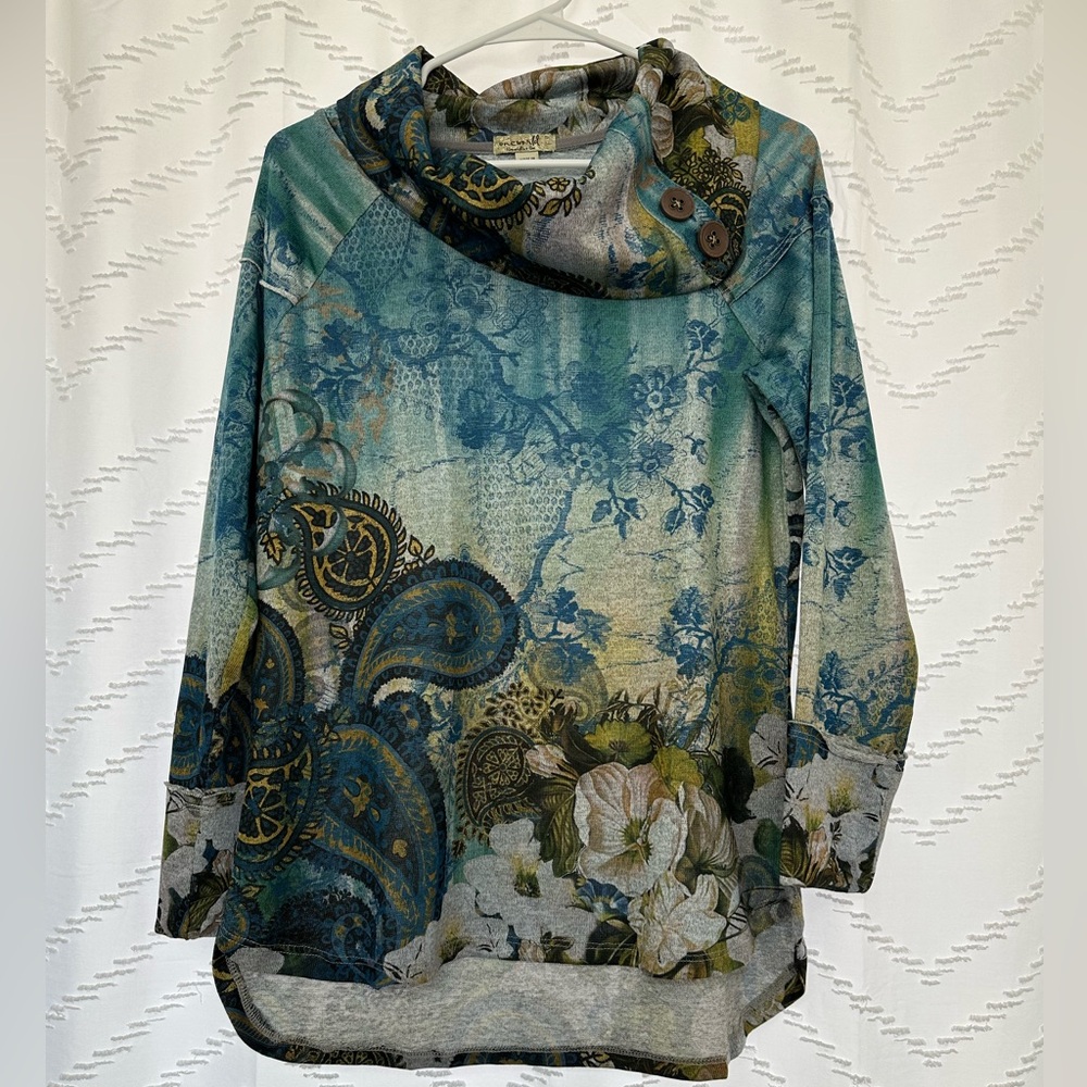 ONE WORLD Cowl Neck Sweater - Teal and Olive Floral